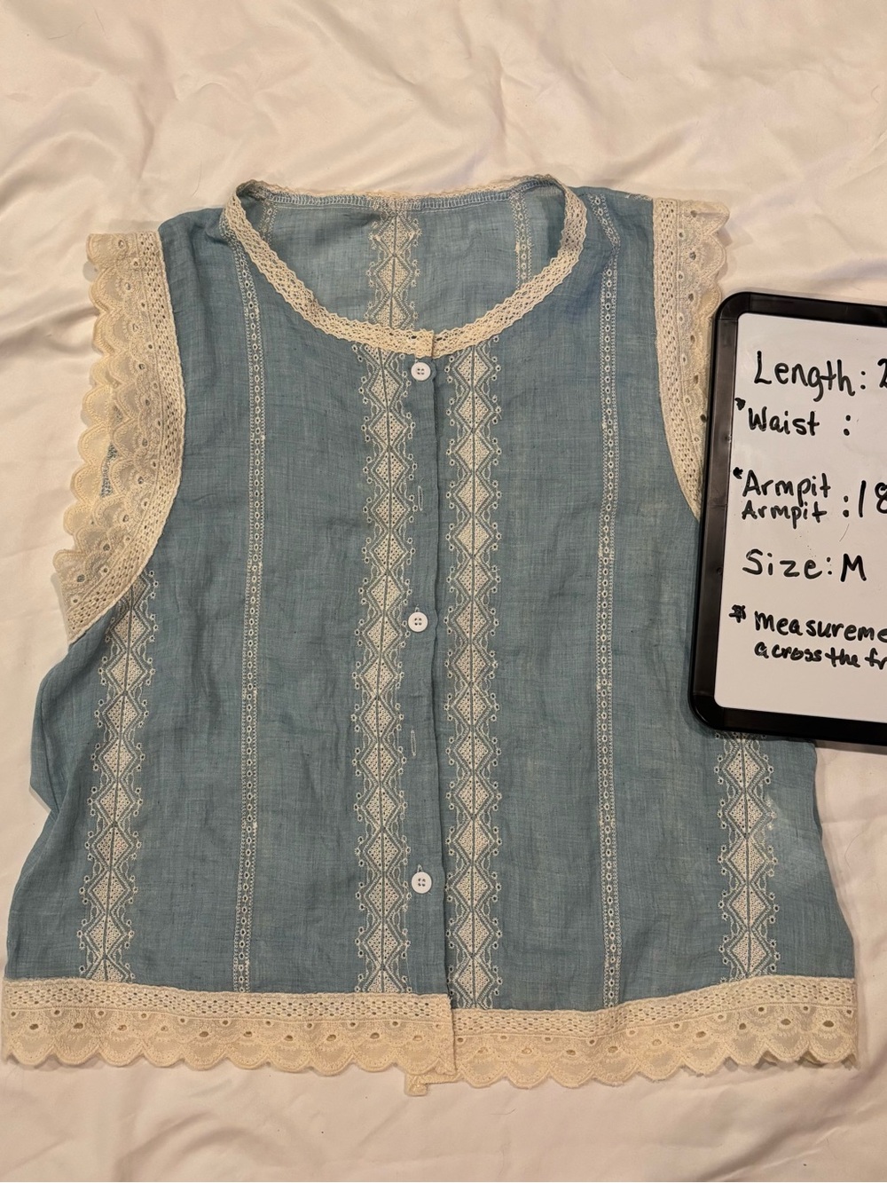 Women’s Sleeveless Button Up Blouse with Lace Detail